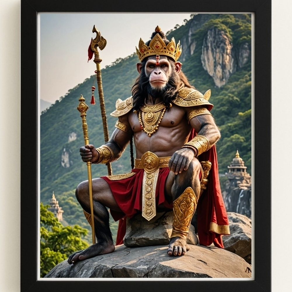 Majestic Gold and Red Monkey King Hanuman Art Print In A Frame 8x10